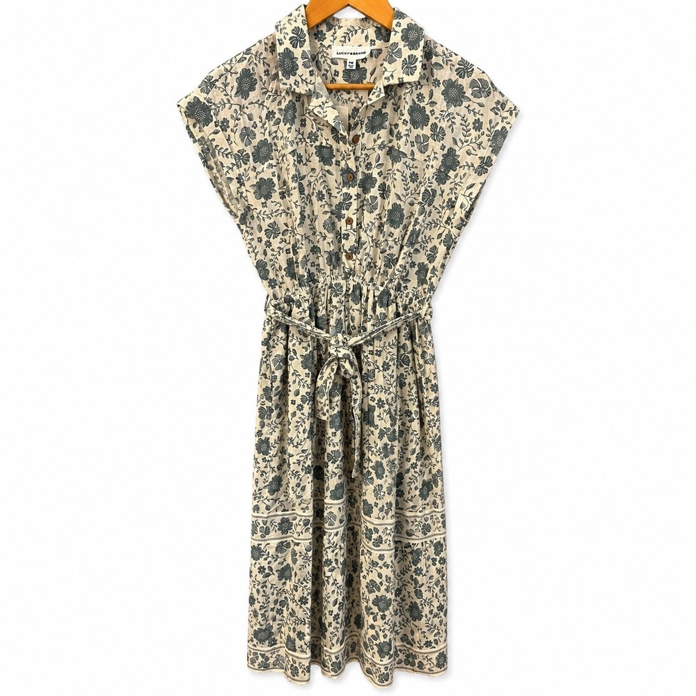 Lucky Brand‎ Sage Floral Shirt Dress PM Petite Medium Button Front Midi NEW